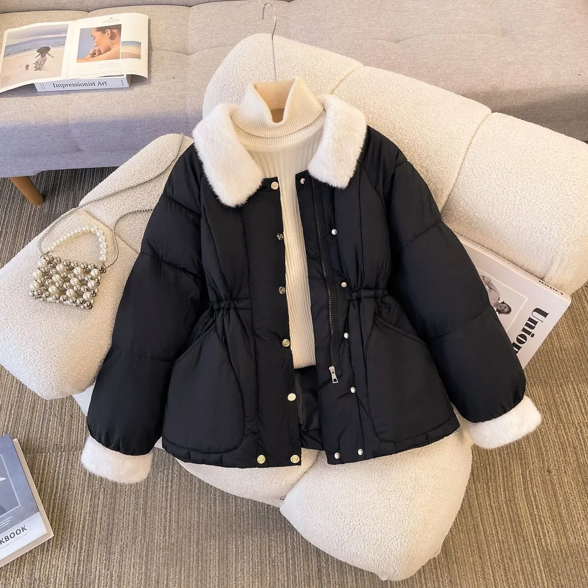 2026 جديد الخريف الشتاء سترات المرأة سترة قطن الكورية صوف الضأن طوق سميكة الدافئة معطف مبطّن الإناث فضفاض أبلى المد T1616