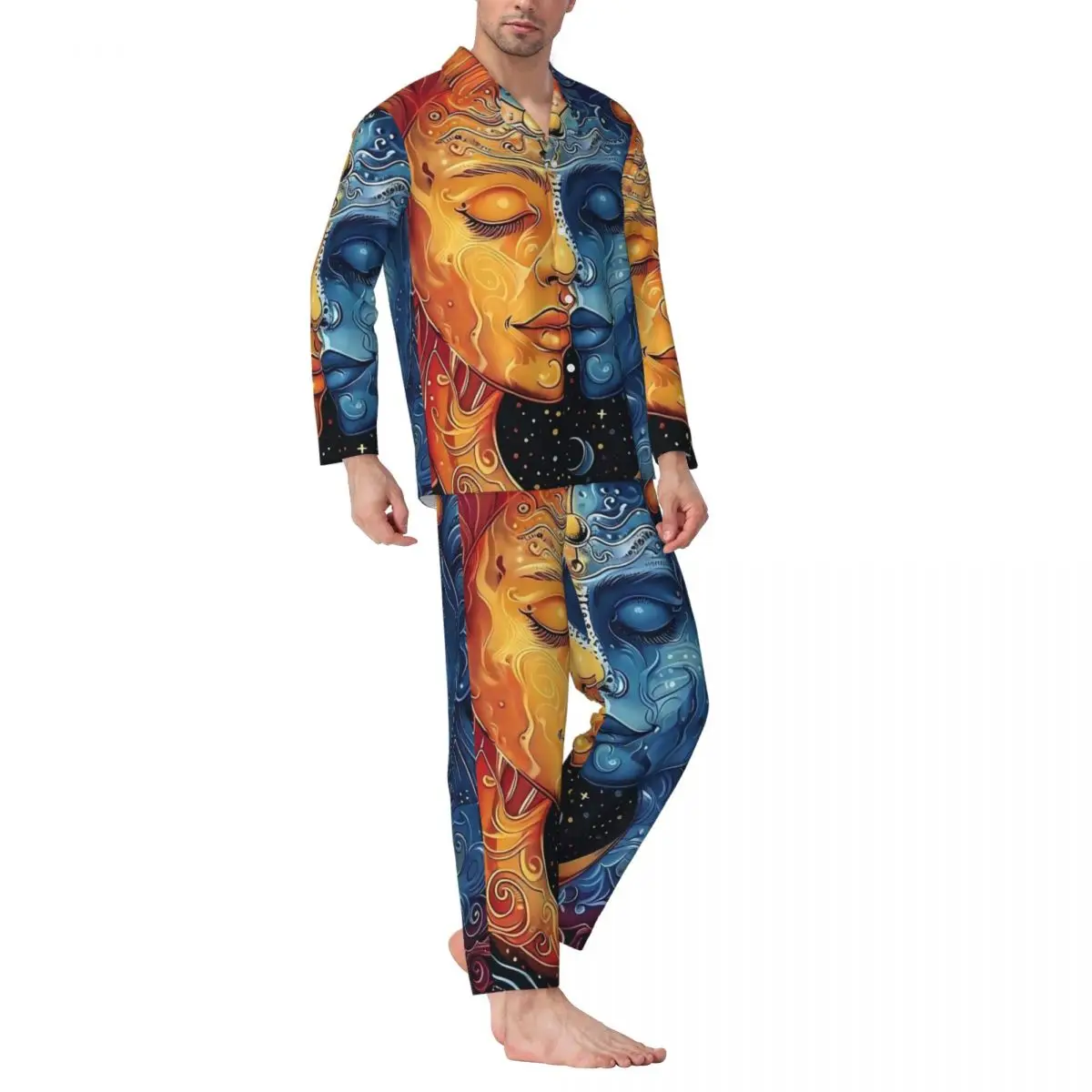 Pijamas psicodélicos para hombre, ropa de dormir de noche de sol y luna, conjunto de pijamas holgados informales de dos piezas, traje para casa de gran tamaño a la moda de manga larga