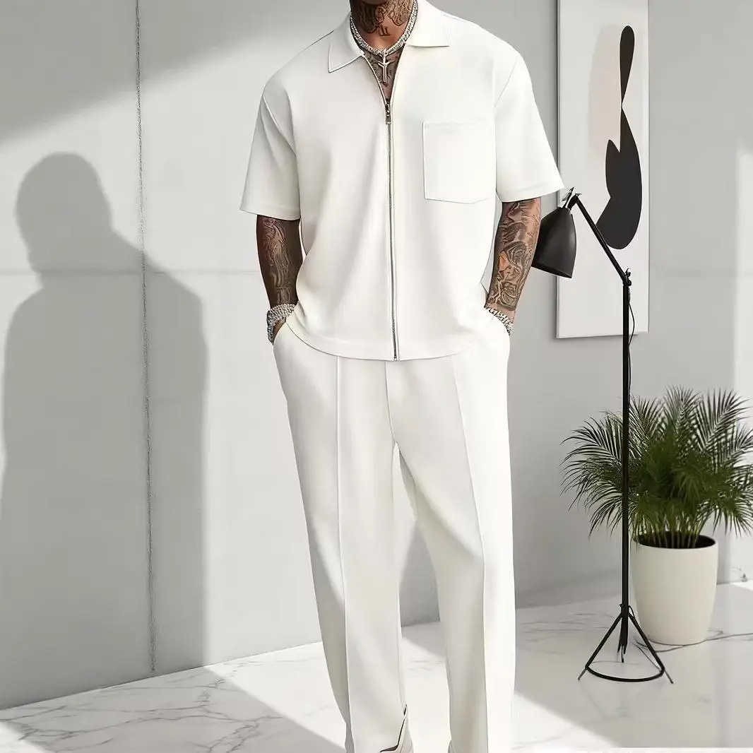 

Casual Zippered Short Sleeve Collared Two-Piece Set for Men Summer Leisure Outfit Independent Station Warrior Cross-Border