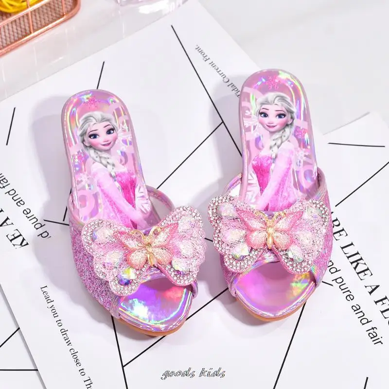 Disney Girls Summer Sandals Slipper Sequined Princesse Children High Heel Party Dress Elsa Shoes Leather Slipper For Girls Gift