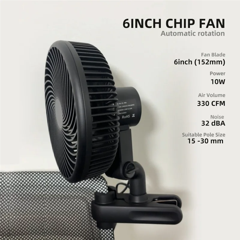 Reliablegrow Tent Circulation 6-Inch Fan With Long-Life EC Motor, 10 Dynamic Wind Speeds, And IP54 Rating, Usable With US Plug