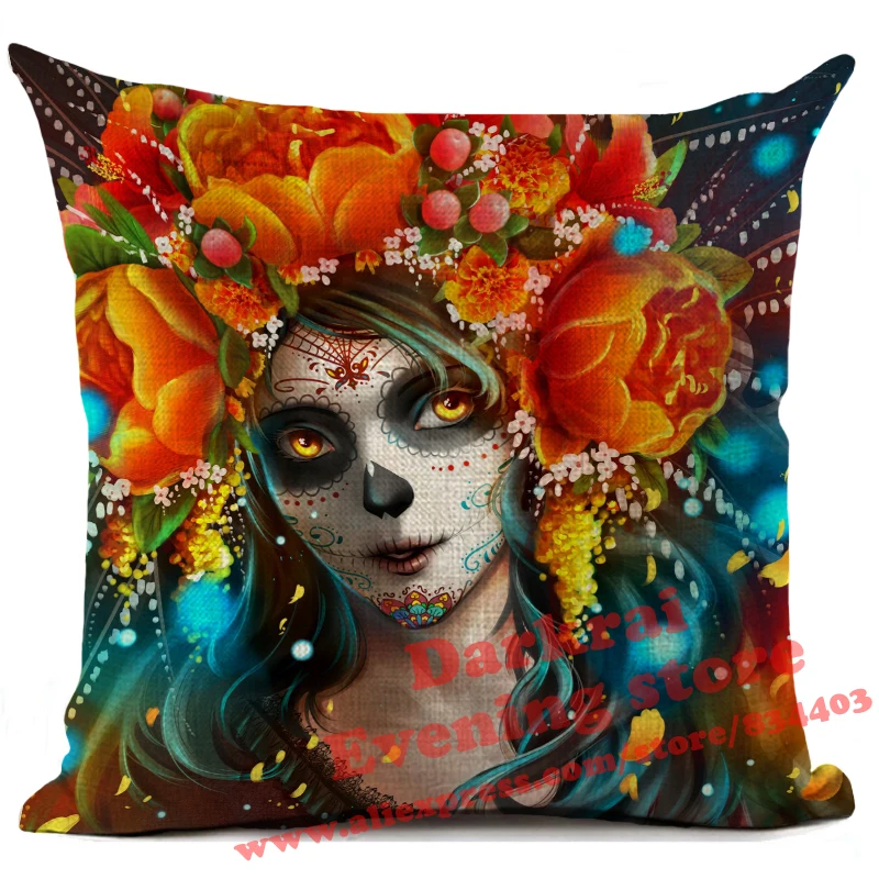 Halloween Cushion Cover Horror Mexican Day Of The Dead Sugar Skull Printed Throw Pillows Home Decoration Living Room Pillowcase