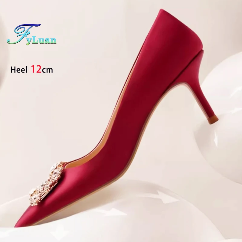 

Красные абрикосовые женские туфли на высоком каблуке, шелковые атласные остроконечные женские туфли-лодочки на тонком каблуке, свадебные туфли на шпильке с квадратной пряжкой и стразами