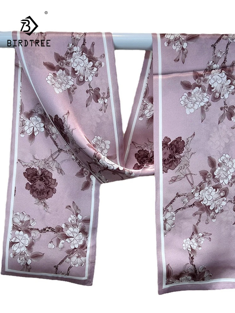 BirdTree, 100%Real Slik Elegant Narrow Scarf, 145cm Flower Print, Mom Gift French Retro Chic Scarf, 2024 Summer Autumn A465126QC