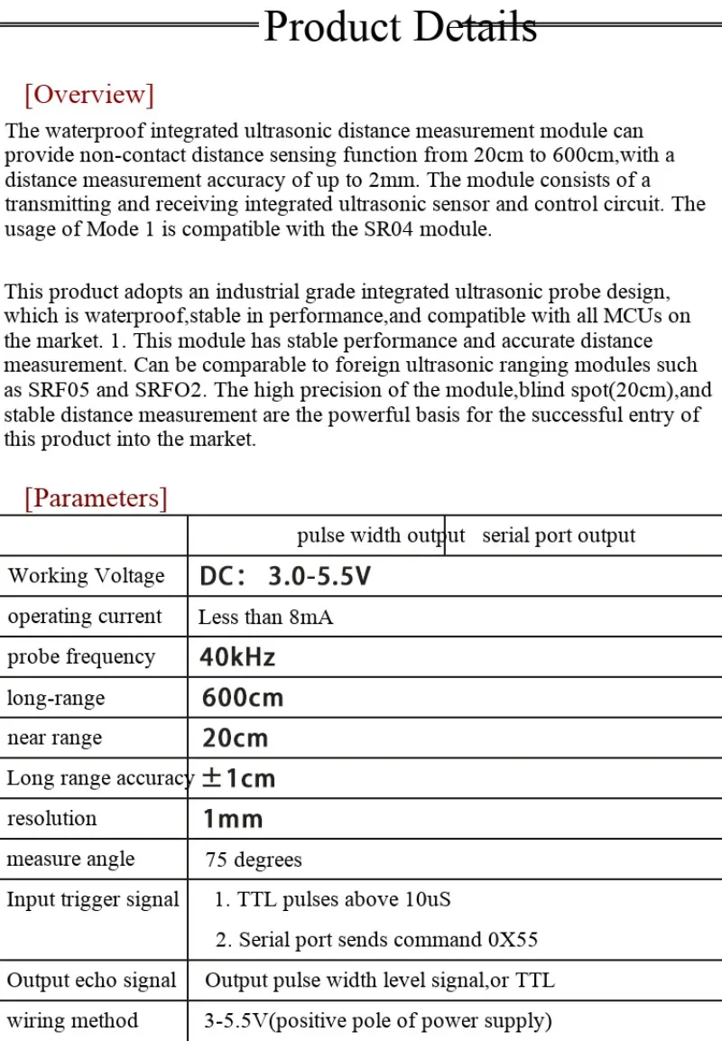 Integriertes Ultraschall-Entfernungsmessmodul, wasserdichtes Rückfahrradar-Ultraschallmodul, kompatibel mit SR04T, Anschlusskabel optional – Detail 2