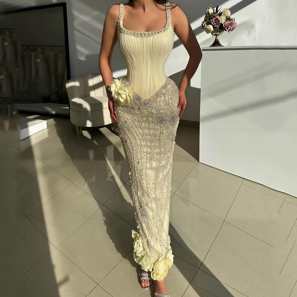 

Exquisite Square Collar Customized Prom Dress Sleeveless Sheath with Pleat and Beading Ankle Length Women Occasion Evening Gown