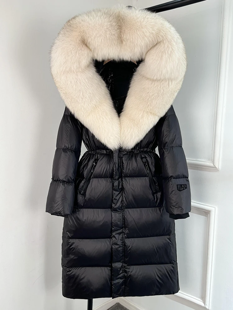 Janveny Thick Glossy Long Puffer Jacket Women Real Fox Fur Hooded 2026 Winter 90% Duck Down Coat Waterproof Female Warm Parkas
