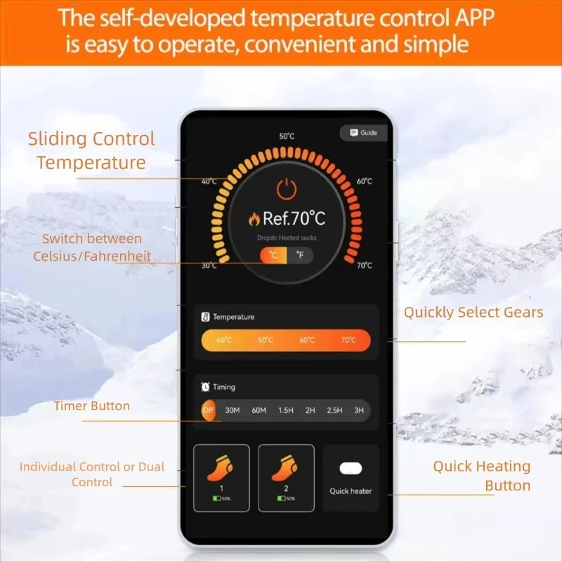 APP Control Heated Socks Rechargeable 5000mah Electric Heated Skiing Socks Snowboarding Outdoor Sports Foot Winter Therma Socks - view 2