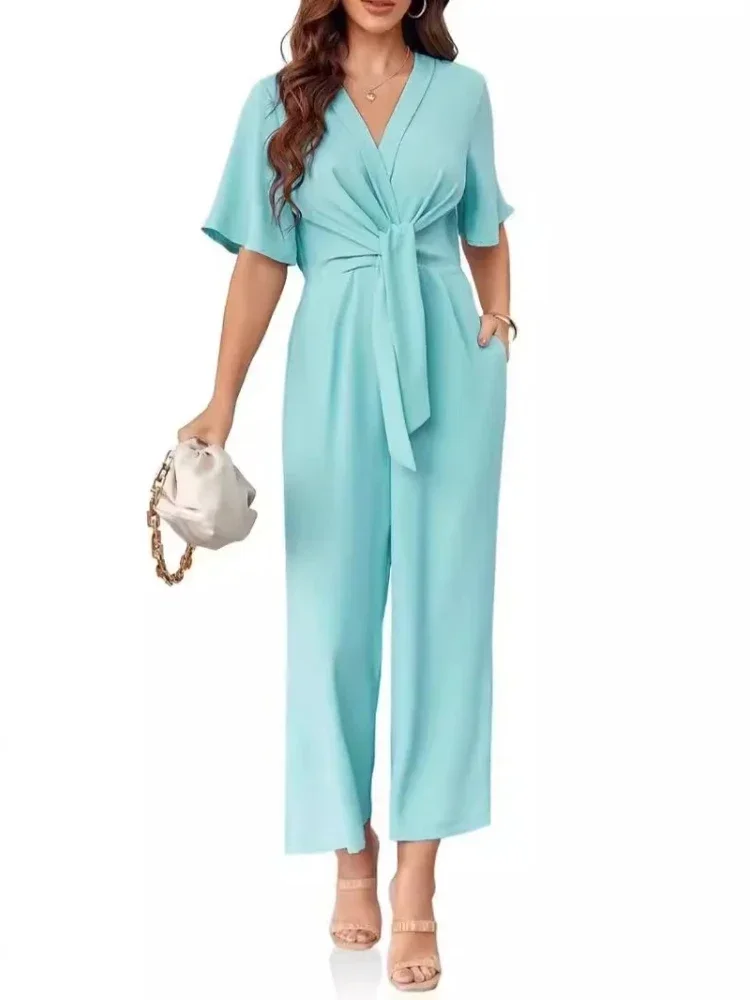 

Women's Jumpsuit Casual Solid Color Short Sleeved Loose Pocket Lace Up Sweatshirt V Neck Soft Office Lady Bodysuit for Woman