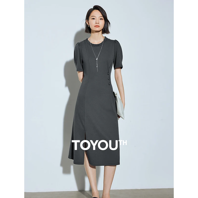 TOYOUTH Women Dress 2024 Summer New Buff Sleeves Round Neck Slim Fit Open Slit Solid Color Party Dress