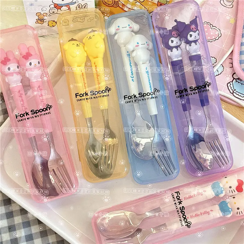 

New Sanrio Children's Tableware Cartoon Kurumi My Melody Cinnamon Roll Silicone Handle Fork Spoon Tableware Two-piece Gift Set