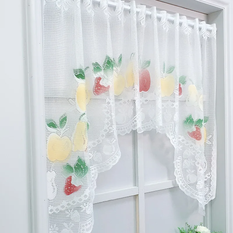 1pc Nordic White Fruit Pattern Half Lace Curtain Kitchen Coffee Curtains Valance For Small Window Bathroom