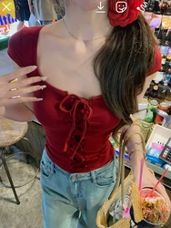 Woman Summer Red Slim Y2k Crop Tops Aesthetics 2000s Casual Korean Fashion Blouse Woman Beach Outwear Basic Bandage Tees Chic