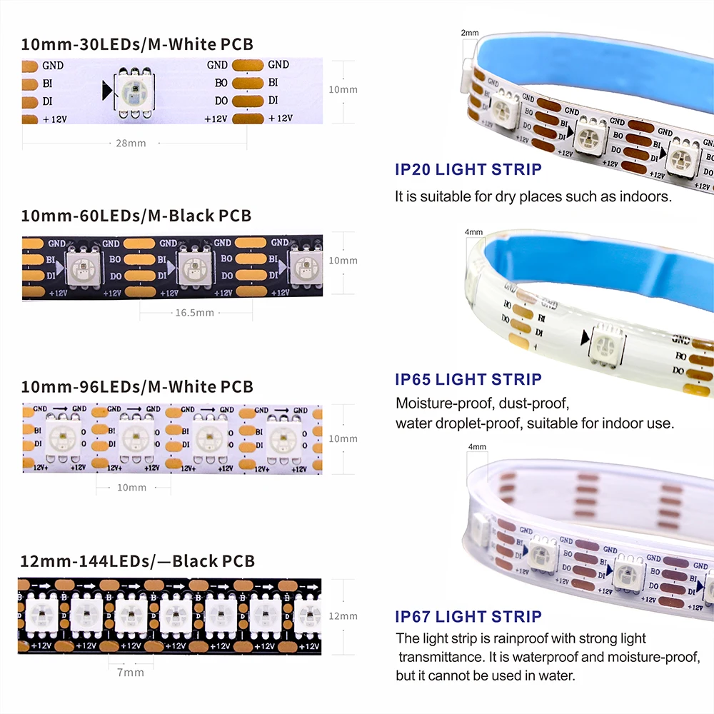 WS2811, WS2812, WS2813, WS2815 DC 5V/12V color-changing addressable and programmable LED light strips for colorful lighting