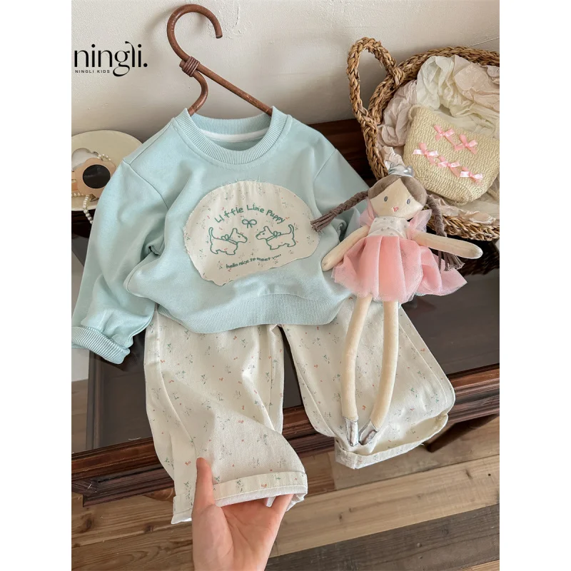 NL-Autumn Girls New Blue Color Color Matching Cartoon Puppy Bottoming Shirt Floral Casual Pants Baby Girl Two-Piece Suit