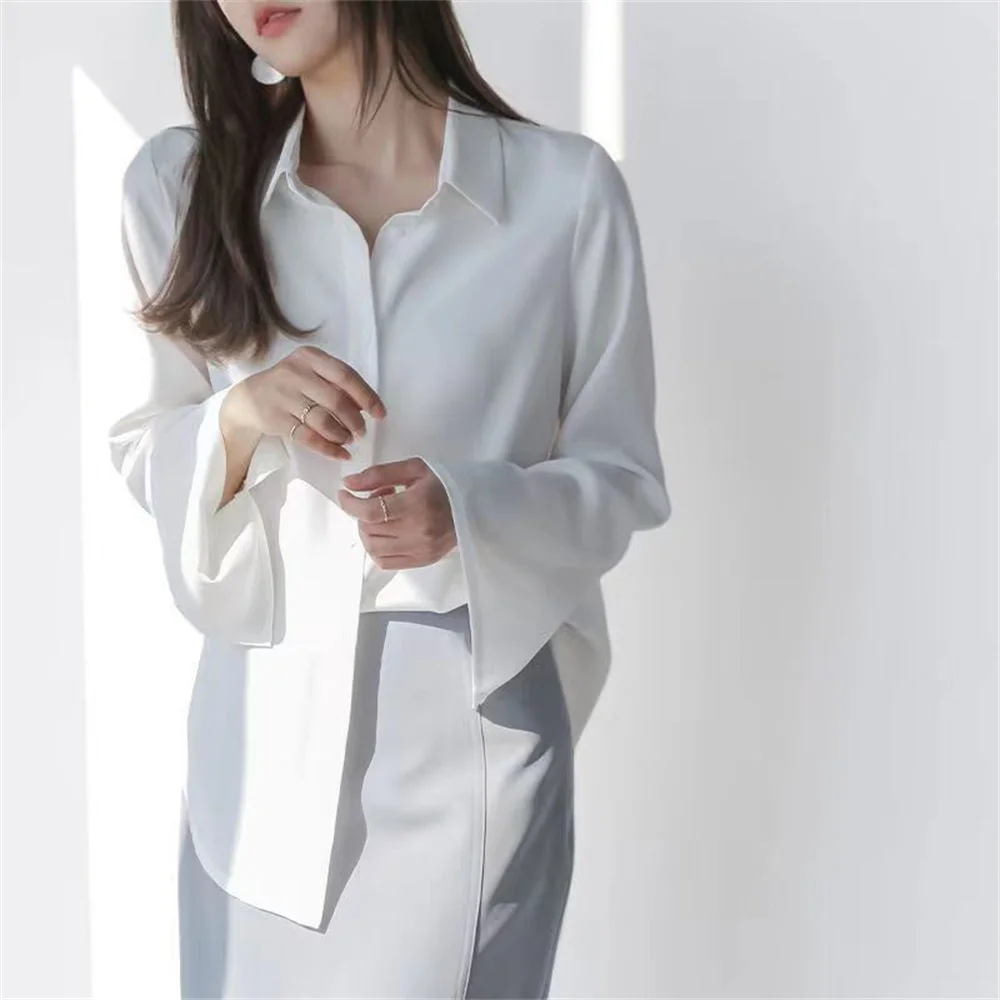 Femmes en mousseline de soie Blouse mode solide à manches longues évasées bureau dame travail Vintage hauts chemises chemise blanche vêtements féminins élégants