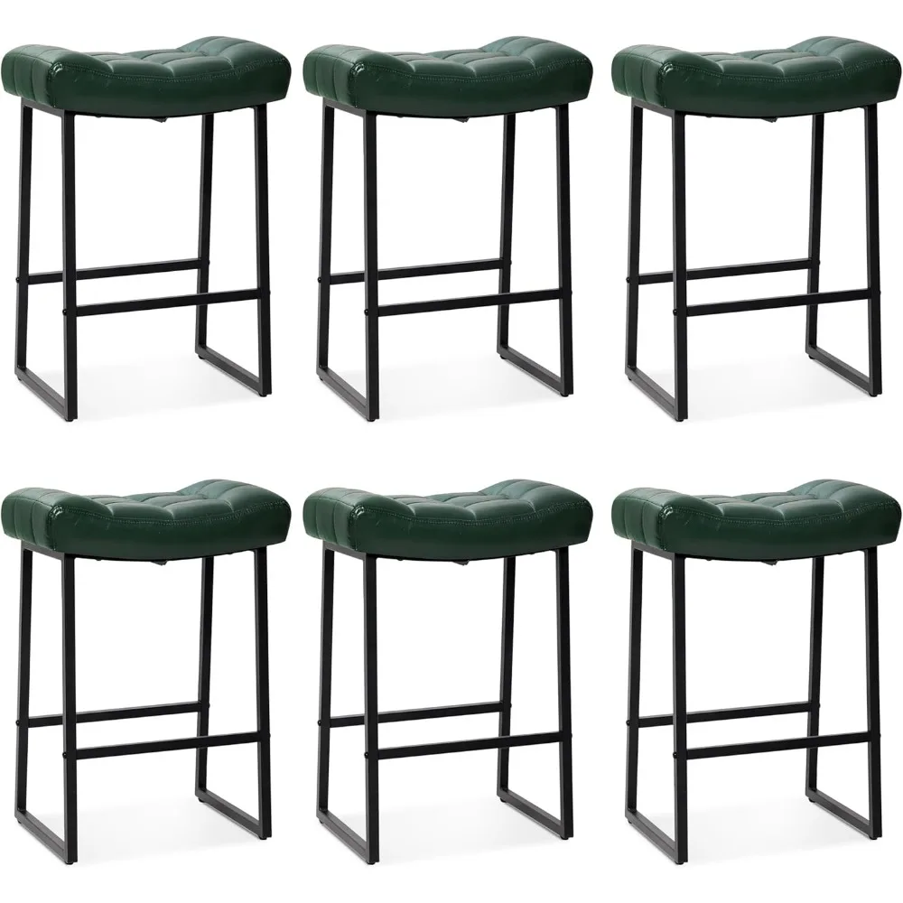 주방 카운터 스툴 6개 세트, 높이 24인치, 등받이 없음, 쿠션 처리된 인조 가죽 시트