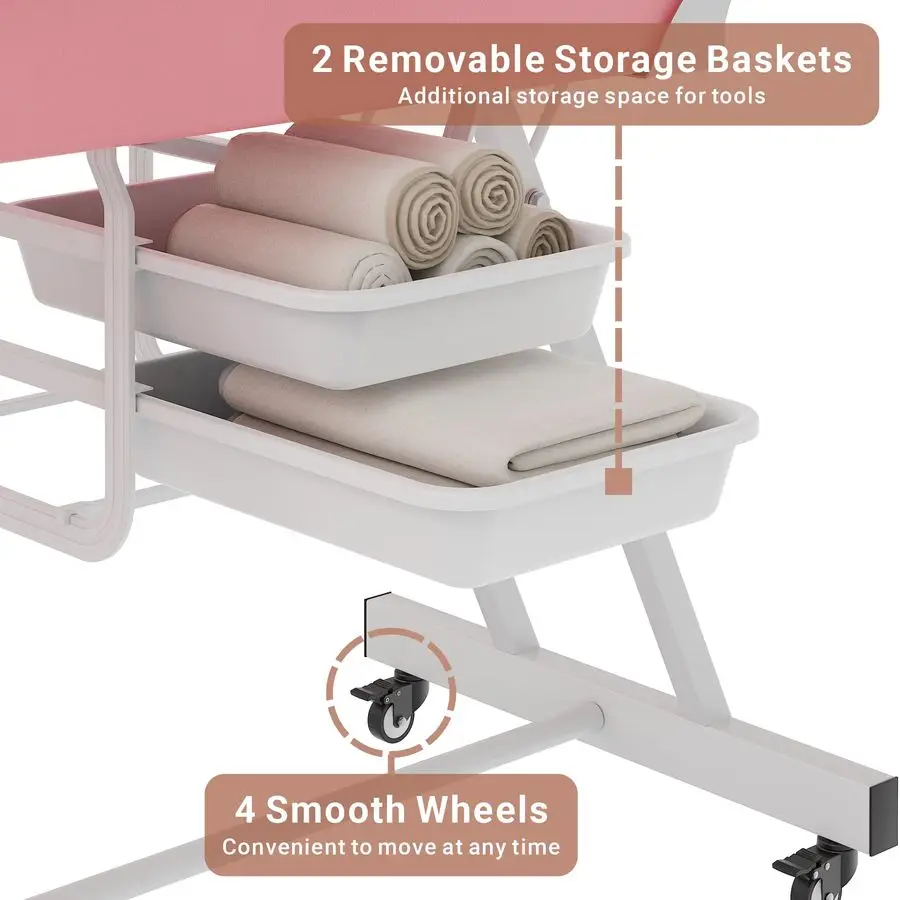 เก้าอี้ปรับระดับได้ 73 นิ้ว พร้อมเก้าอี้ไฮดรอลิกสำหรับนวดสปาเสริมสวย สีชมพู