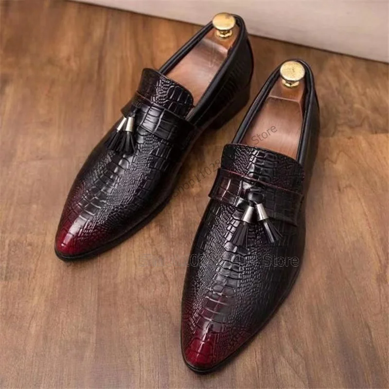 

Tassels Decor Gradient Color Crocodile Print Loafers Fashion Slip On Men Shoes Luxurious Handmade Party Banquet Men Dress Shoes