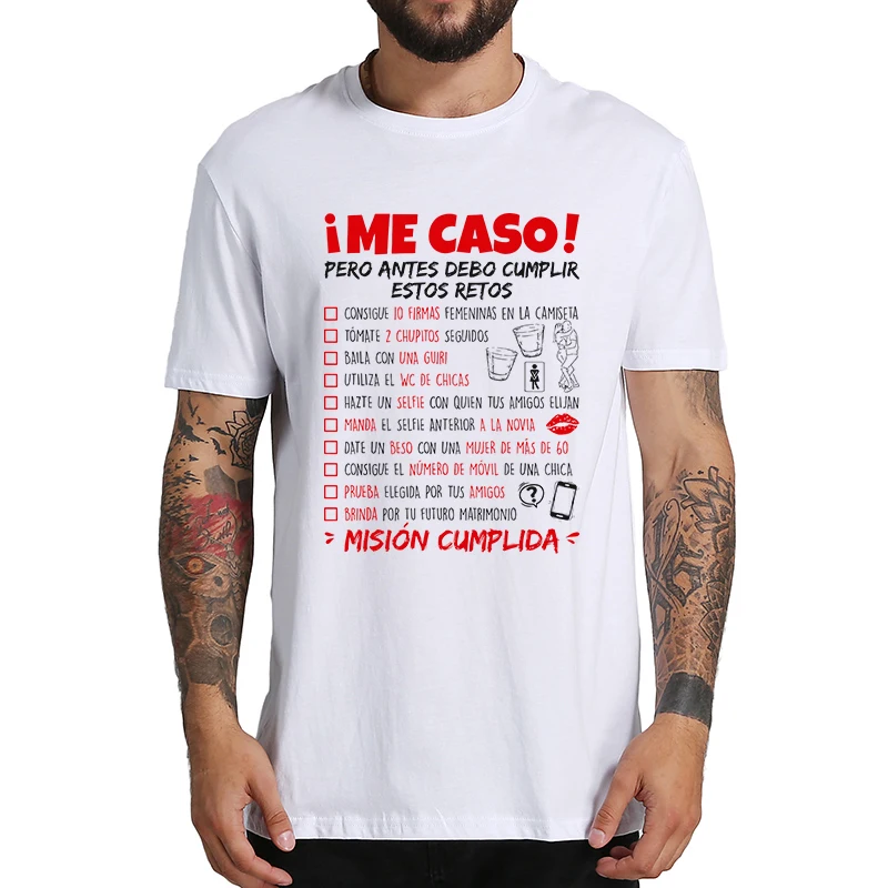 Camiseta divertida de despedida de soltera con lista de desafío, regalo de novio de boda, Humor español, 100% algodón, informal, suave, Unisex