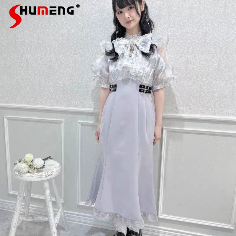 

2025 Summer New Kawaii Clothes Long Dresses 2025 Autumn New Vestidos Japanese Style Sweet Cute Lace Trim Bowknot Ruffle Dress
