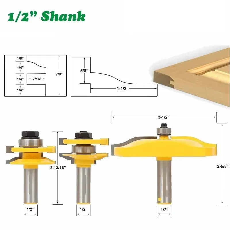 

3 шт./компл. 1/2 "12,7 мм фреза с хвостовиком, резьба по дереву, дверная панель, шкаф, шиповая фреза, набор фрез для деревообработки, бит