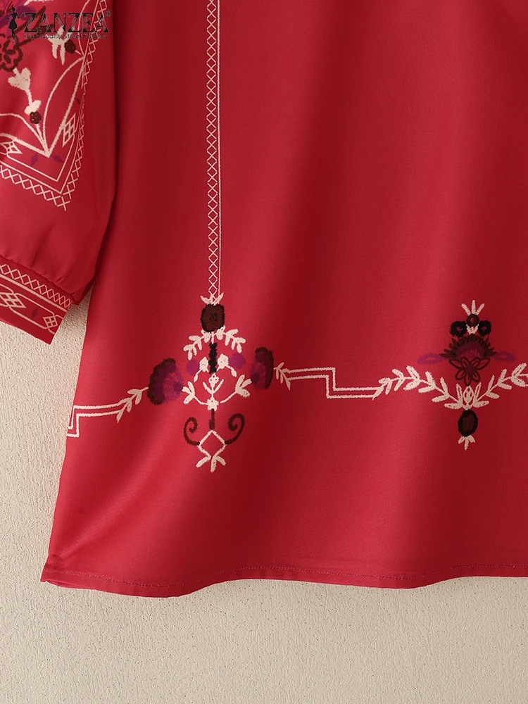 ZANZEA بلوزات نصف زر مطبوعة على الطراز العرقي للنساء لخريف 2025 بياقة الماندرين 3/4 كم فانوس بلوزات غير رسمية