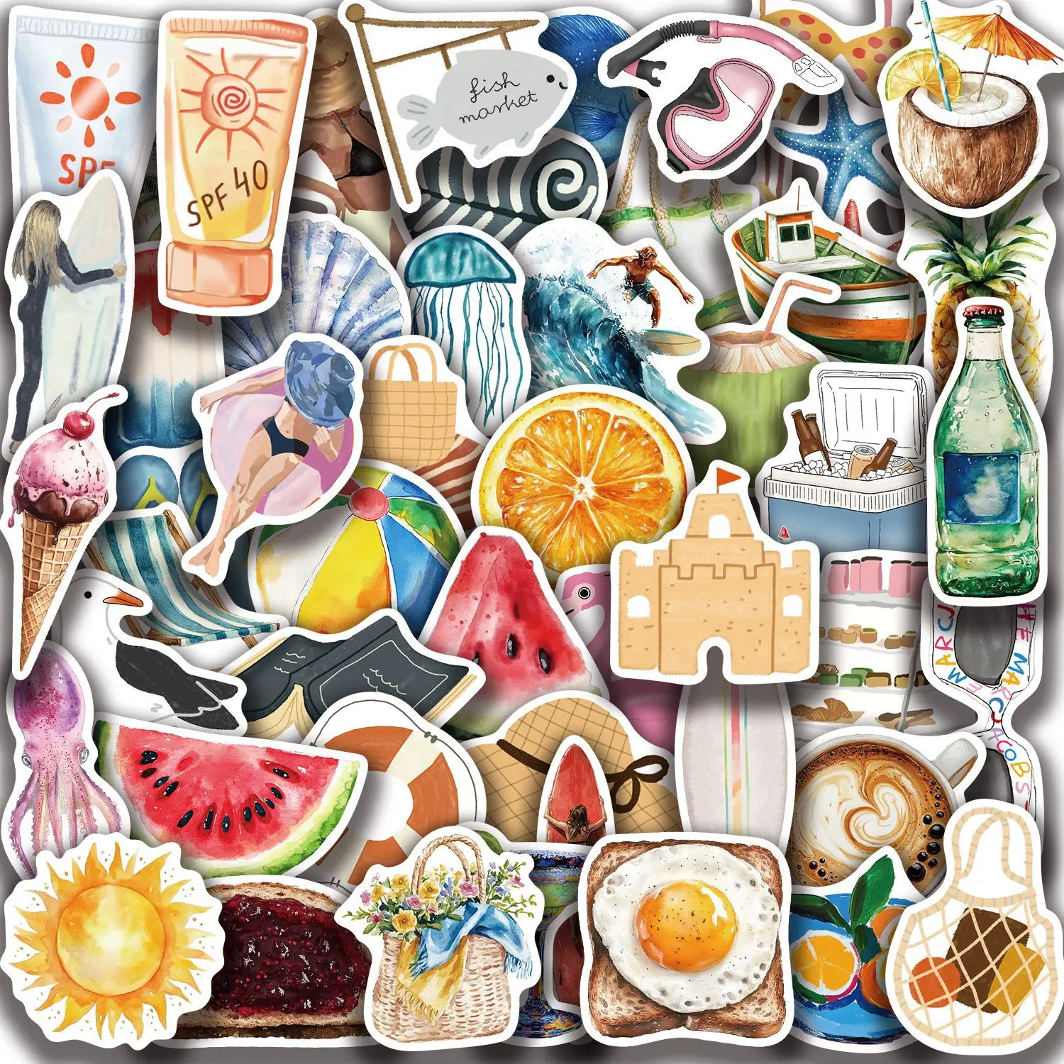 50Pcs Summer Boat Beach Pool Day Stickers for Laptop Water Bottle Luggage Notebook Waterproof Graffiti Vinyl Phone Decals