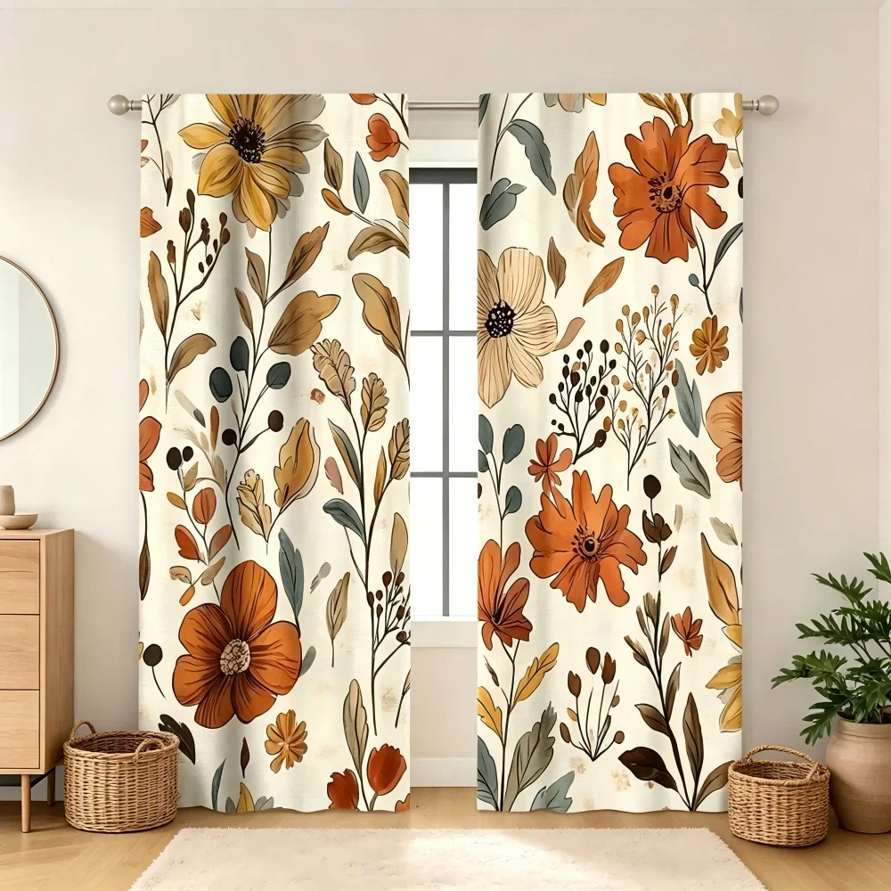 2PCS Digital Printed Curtain, Autumn Orange Floral Flower Pattern, Vintage Boho Fall Style Window Drapes for Living Room Bedroom