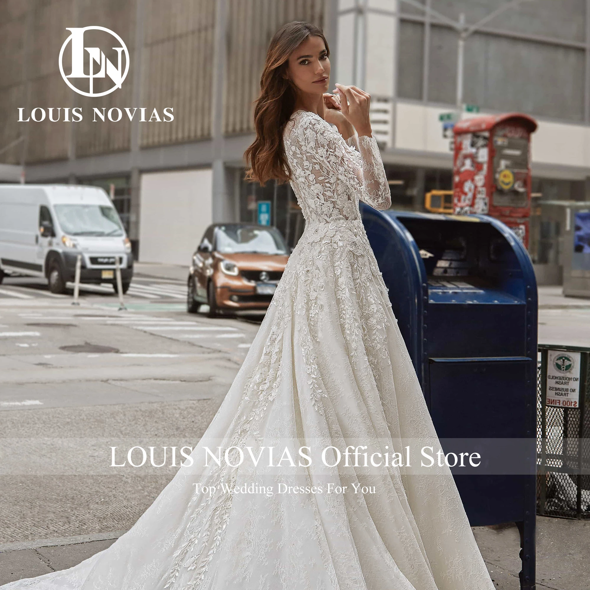 LOUIS NOVIAS Abiti da sposa a-line SCOOP Paillettes Illusion Che borda Manica lunga Pennello Treno Abito da sposa Abiti da sposa