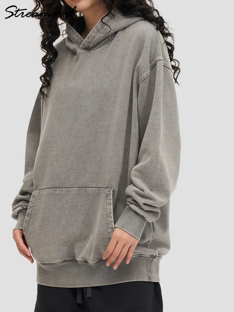 Streamgirl Black Oversized Hoodies Women Vintage Streetwear Autumn Loose Gray Washed Hoodies For Women Sweatshirts With Pocket