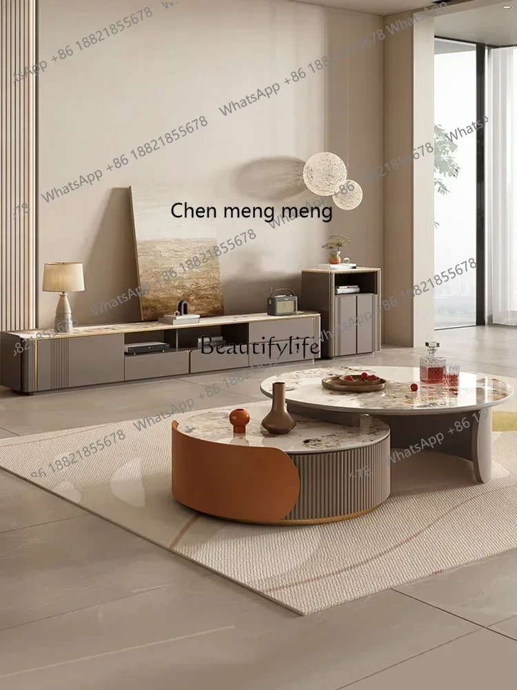 신상품 라이트 럭셔리 록 슬래브 TV 캐비닛 조합 거실 가구 확장형 원형 커피 테이블 7304