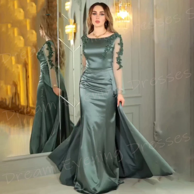 Generous Pretty Green Mermaid Modern Women's Evening Dresses Simple Long Sleeve Appliques Prom Gowns Pleated فساتين سعيد شارون