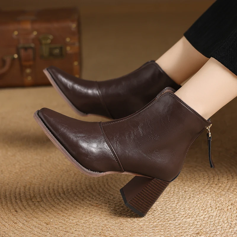 

High Heels Women Elegant Ankle Boots Brand Chunky Shoes Winter 2025 Woman Leather Shoes Zip Short Boots Sexy Mujer Botas Zapatos