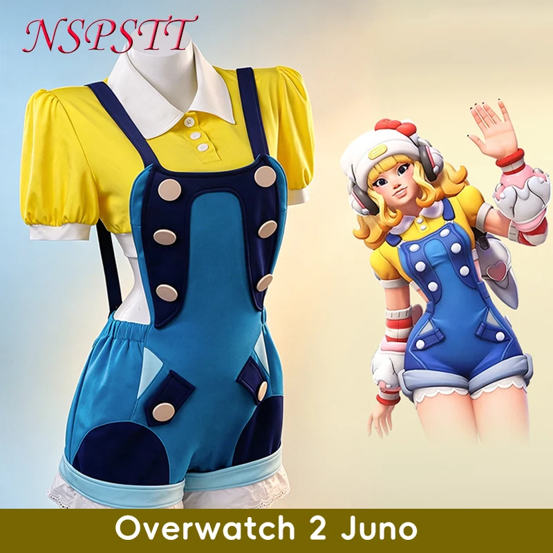 NSPSTT Overwatch 2 Juno cosplay costume Yellow & Blue Suspender Shorts Game Default Outfit