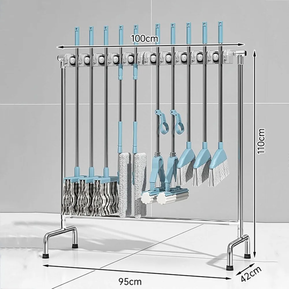 Organisateur de balais et de vadrouilles au sol, support de rangement pour outils de nettoyage robustes pour garage et maison