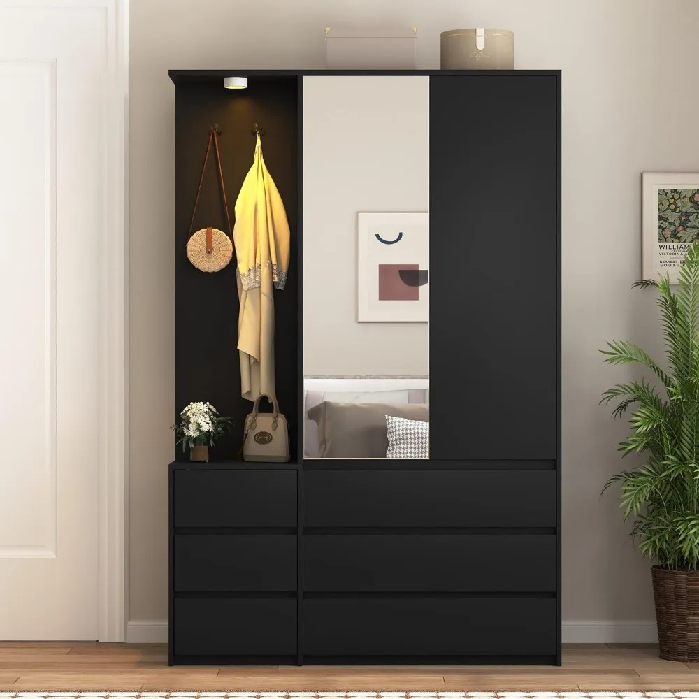 72'' Armoire Wardrobe Closet with Mirror and 6 Drawers,Bedroom Armoire Wardrobe Cabinet with Hanging Rod and Light