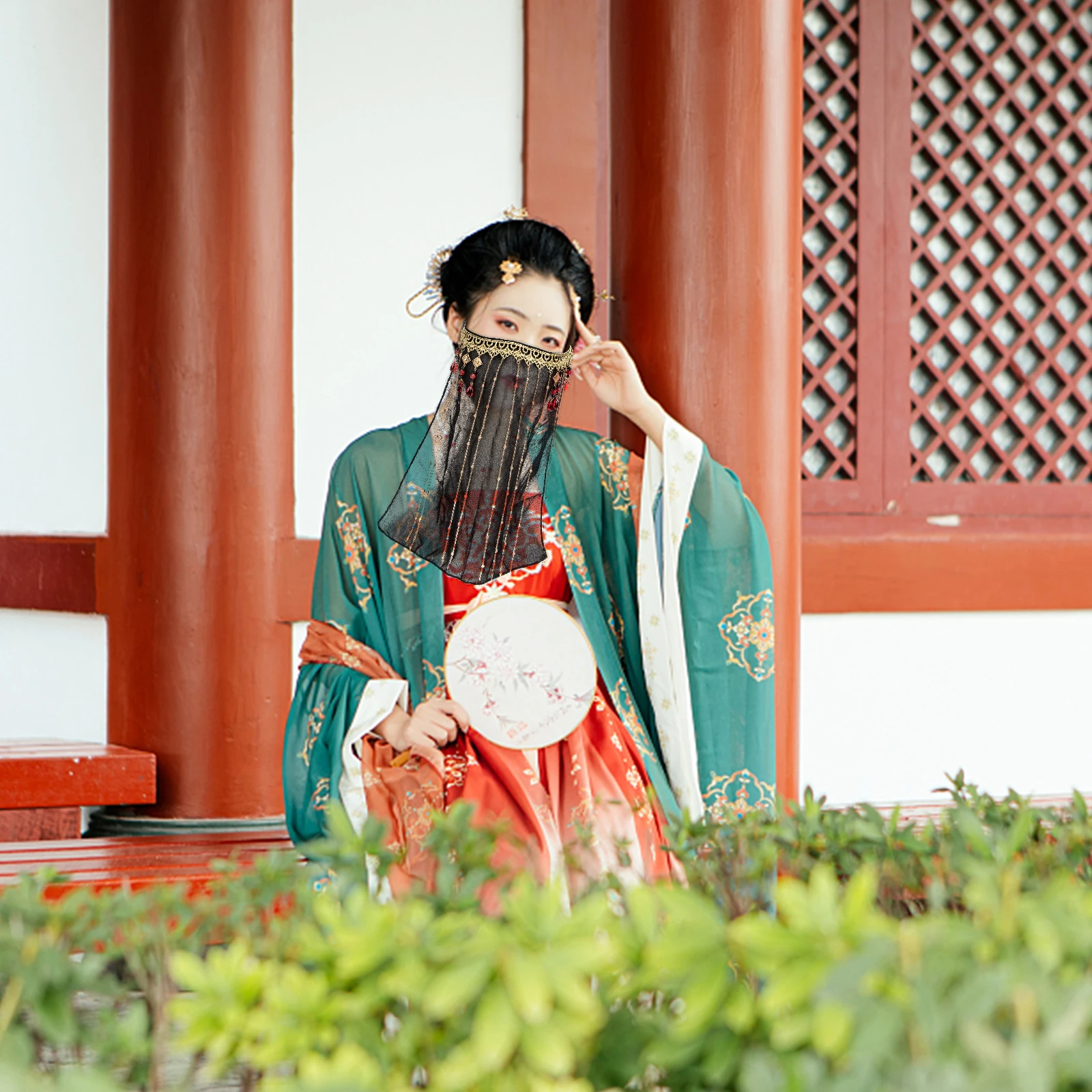 Retro Tassel Face Veil Women Beaded Sunscreen Dance Hanfu Accessory Vintage Clothing Props One Size Fits All Girls