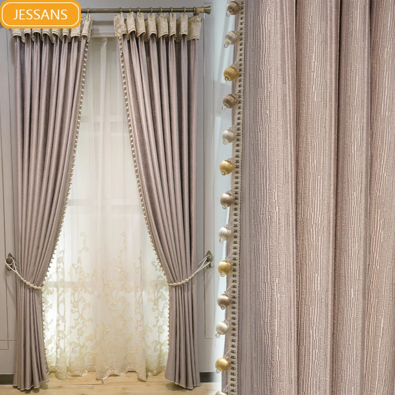 

Customized Pink Jacquard Lace Splicing Thickened Curtains for Living Room Bedroom French Window Balcony Bay Window Partition