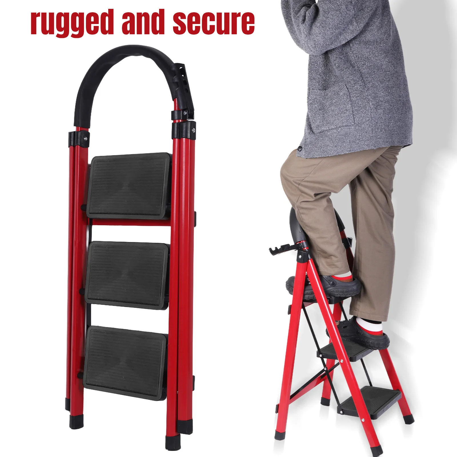 

3 Step Folding Ladder Sturdy& Portable Stepping Stools 330LBS Capacity W/Hand Rail Wide Platform Steps for Home RV Outdoor