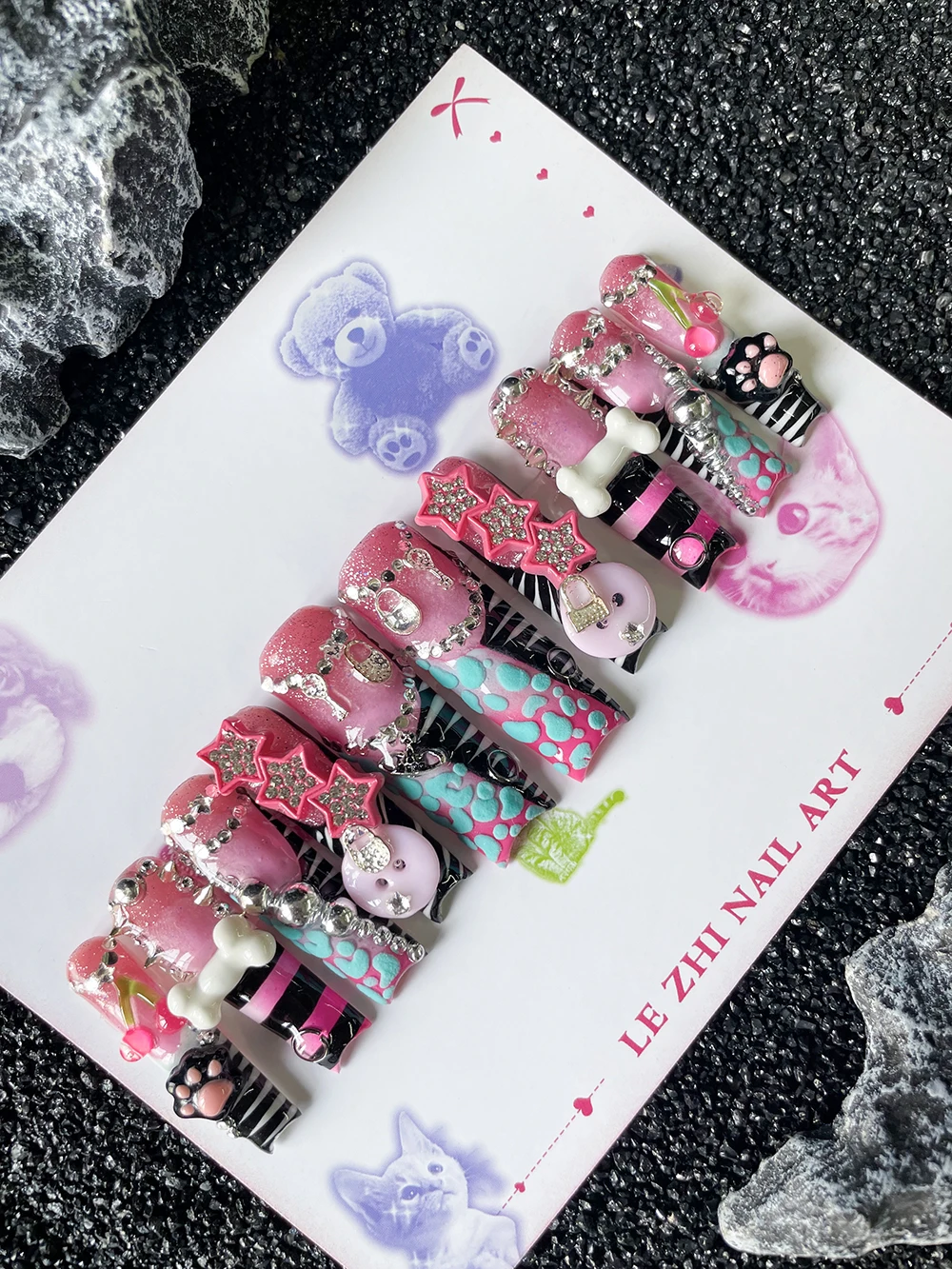 

10Pcs Handmade Xl Square Shape Street Punk Press On Long Nails Art Rivet Stars Rhinestone Button Zebra Pattern Design Fake Nails