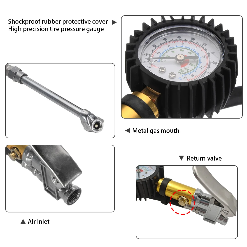 Tyre Air Inflator Dial Pressure Meter Gauge Air Line Tyre Pump Pressure Dual Air ChuckTester for Car Truck Cycles Dinghies