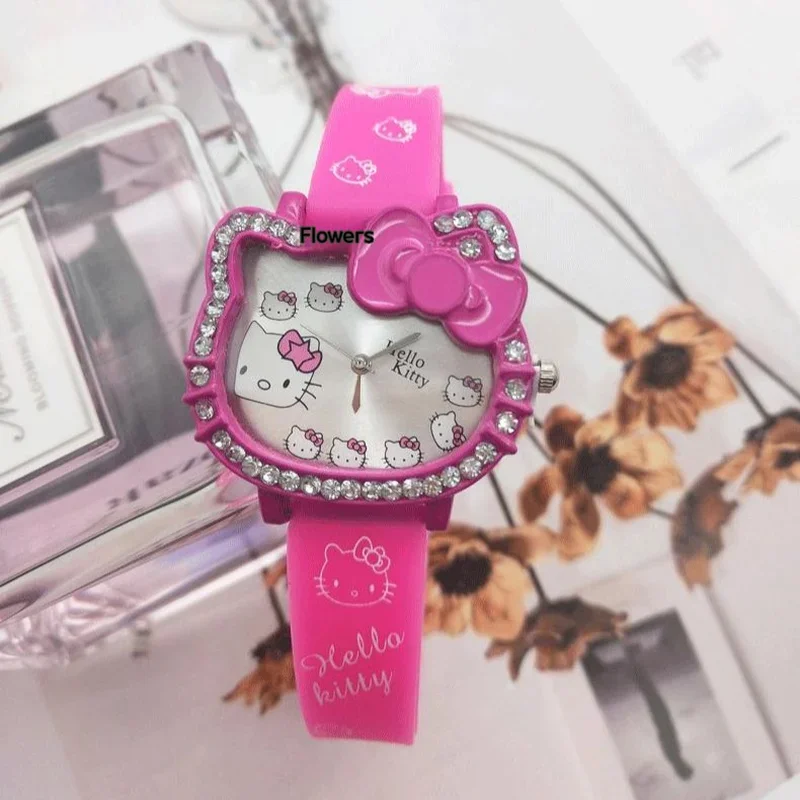 MINISO Hello Kitty Children\'s Cartoon Cat Head Student Electronic Silicone Diamond Bow Quartz Watch Party Kids Girls Gifts