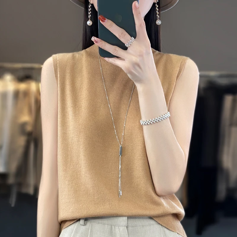 Women\'s T-shirt Spring and Summer 100% Pure Wool T-shirt Slim Fit Knitted Pullover Half High Neck Casual Sleeveless Top