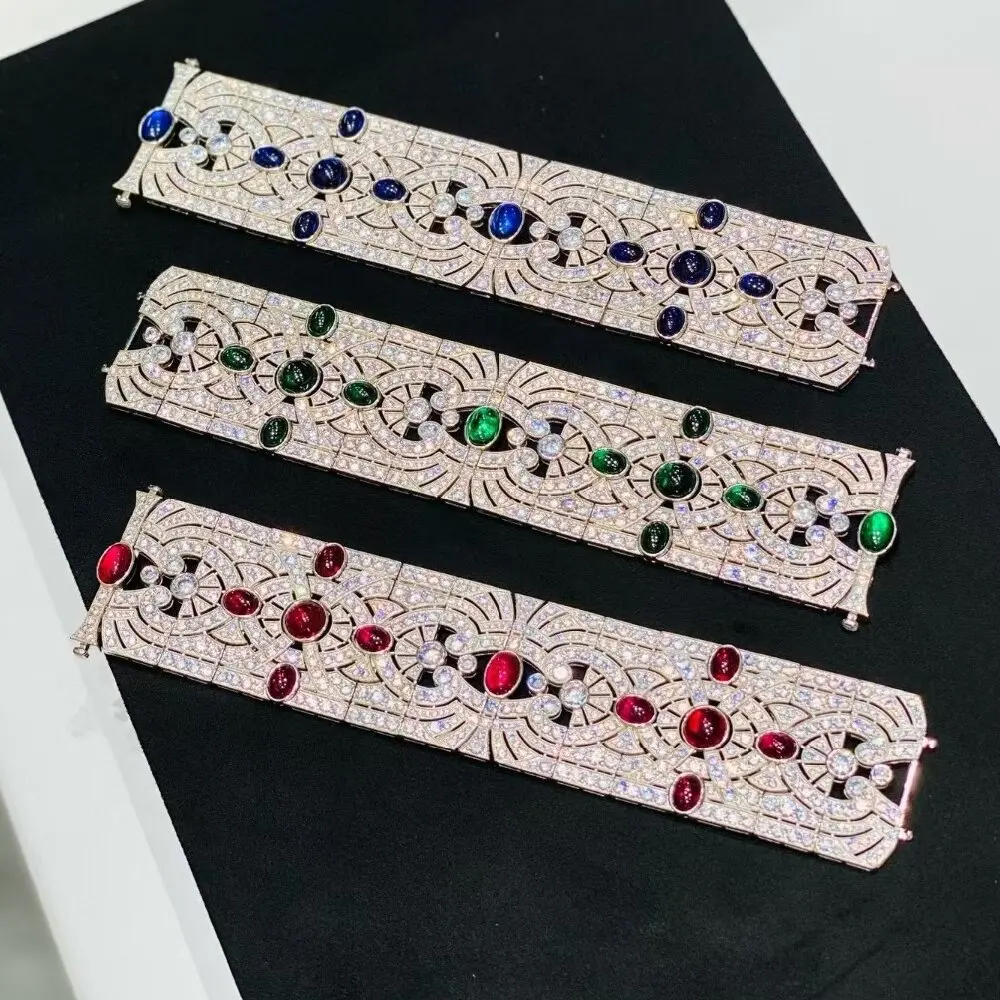 KQDANCE 925 Sterling Silver Wide Thick Bracelet With Cubic Zircon For Women Fine Jewelry Luxury Green Blue Red Color