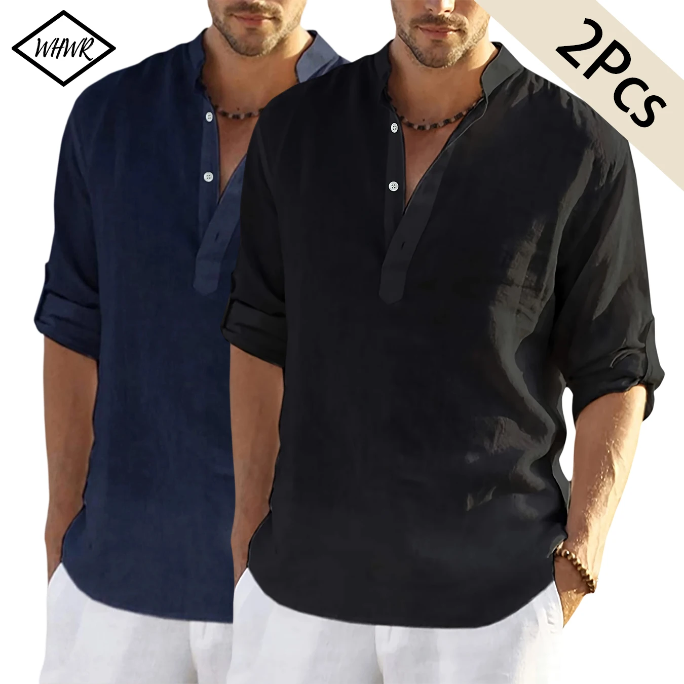 2Pcs In Set Men Mandarin Collar Henley Shirt Long Sleeve Stand Collar Half Placket Button Crinkled Texture Casual Top Lightweight for Daily Streetwear Vacation