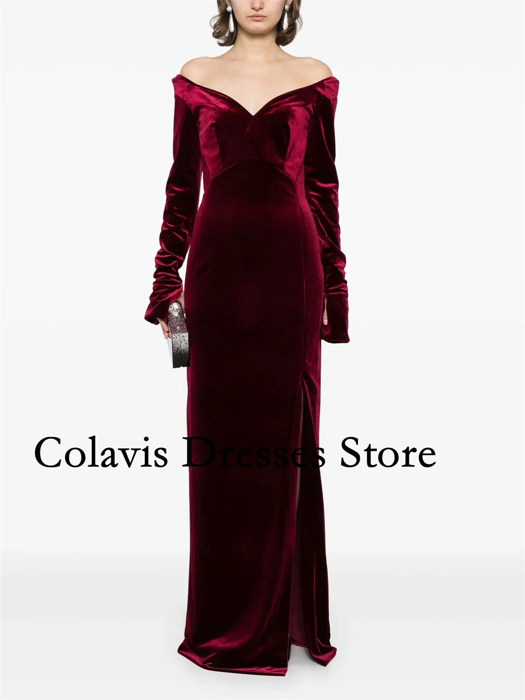 

2025 Индивидуальные винно-красные бархатные платья с длинными рукавами и открытыми плечами для выпускного вечера Вечернее платье Женские вечерние платья Вечернее платье
