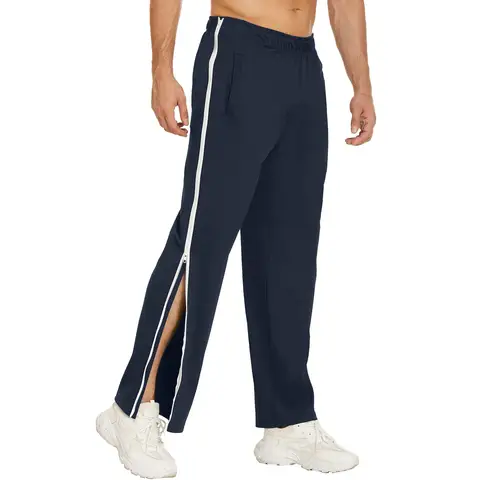 Men Sweatpants Elastic Waistband Pockets Splicing Color Mid-Rise Long Trousers Wide Leg Side Zipper Tear Away Basketball Pants