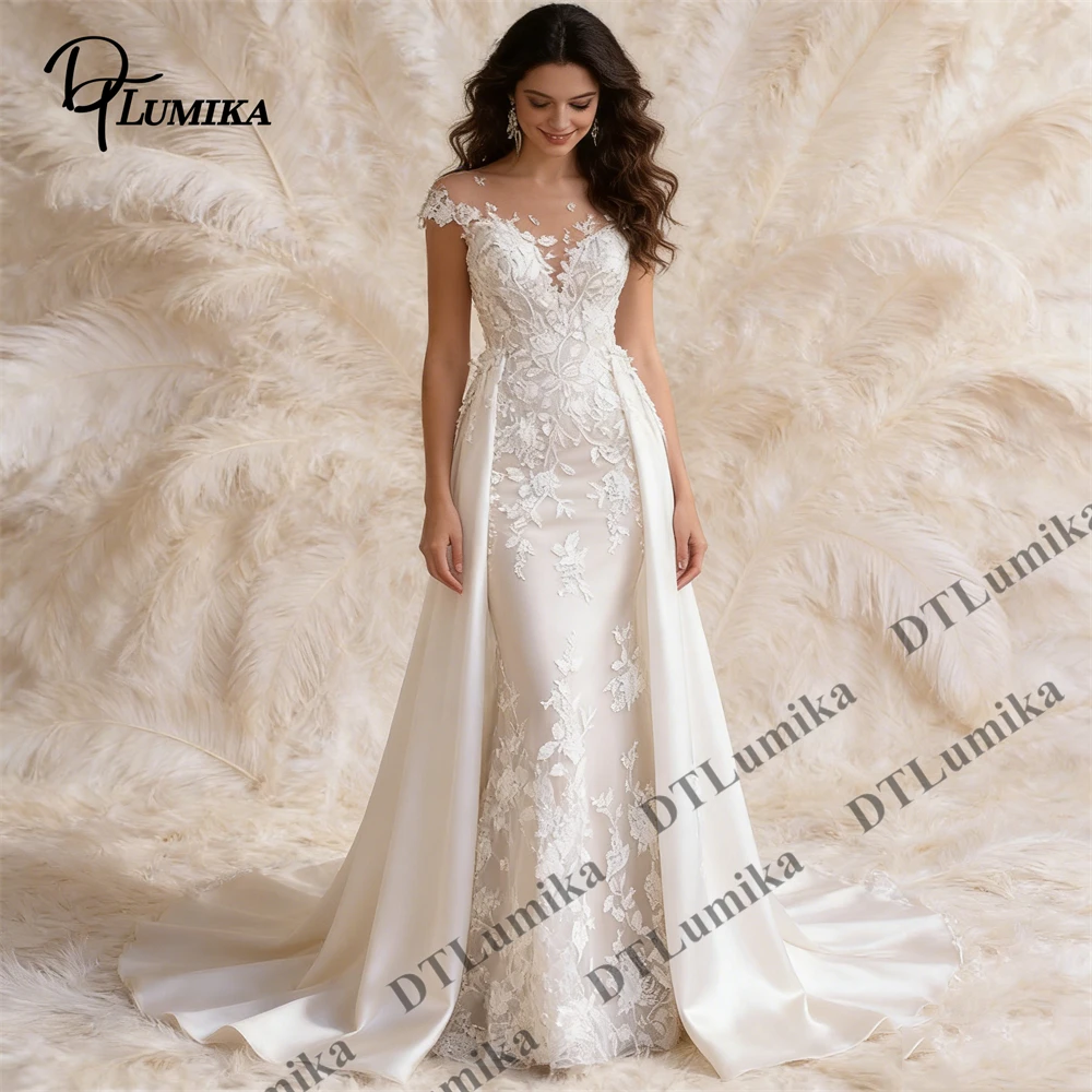 

Elegant Mermaid Wedding Dress Off Shoulder Lace Appliques Satin Bridal Gown with Detachable Train Grand Church Wedding Timeless