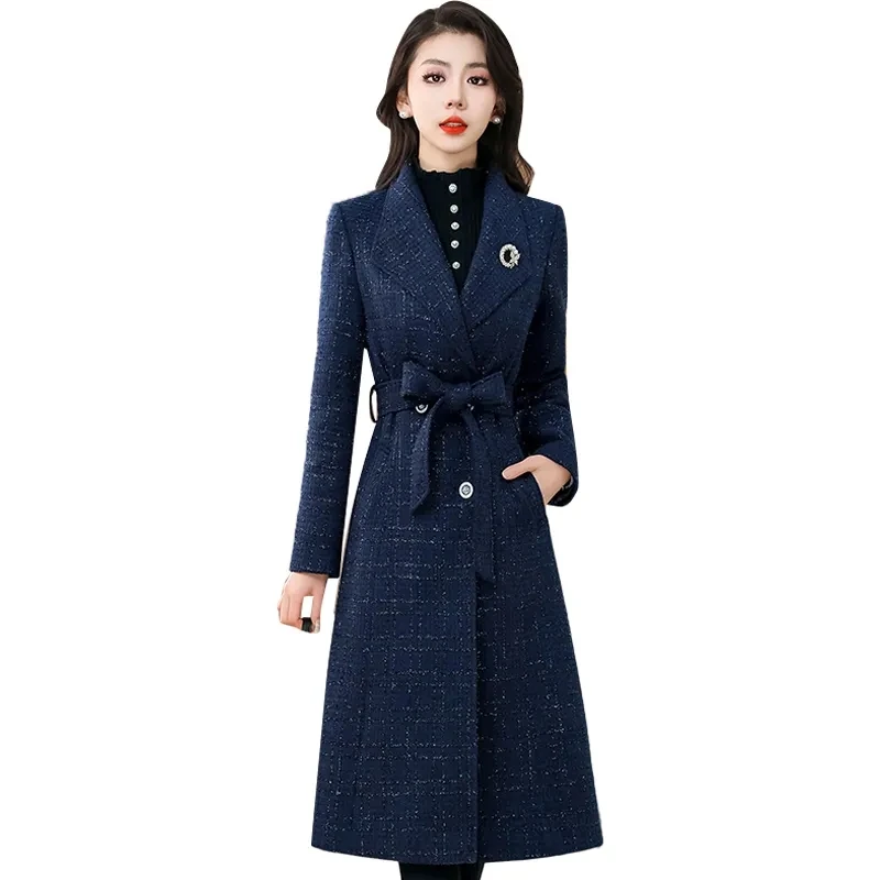 Chic Casual Woolen Jacket Women Overcoat Spring Autumn 2024 New Loose Thickened Mid-Length Belt Double-Breasted Wool Trenchcoat